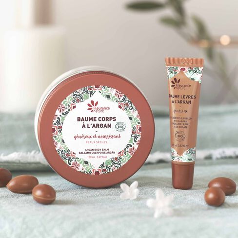 Duo baume l&egrave;vres &agrave; l'argan et baume corps g&eacute;n&eacute;reux &agrave; l'argan cosm&eacute;tique bio